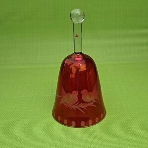 Vintage Cranberry Glass Bell  Etched Red Glass Kissing Love Birds